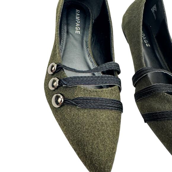 Rampage Safari Green Wool Strappy Button Pointed Toe Flats Sz 8.5 Comfort Trendy - Picture 3 of 12